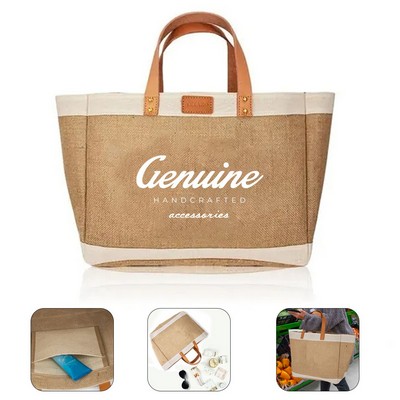 Large Jute Boat Tote Bag with Leather Handles